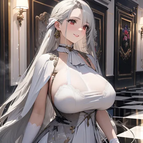 A woman wearing a sophisticated white dress from the 1700s, big breasts, wearing white pantyhose, smiling, red eyes, silver hair, long hair, white gloves, perfect eyes, perfect face, perfect lips, walking in a room with a checkered floor, wall luxury marbl...