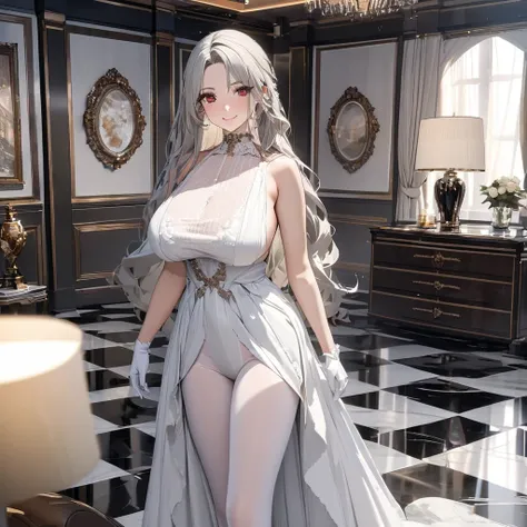 A woman wearing a sophisticated white dress from the 1700s, big breasts, wearing white pantyhose, smiling, red eyes, silver hair, long hair, white gloves, perfect eyes, perfect face, perfect lips, walking in a room with a checkered floor, wall luxury marbl...