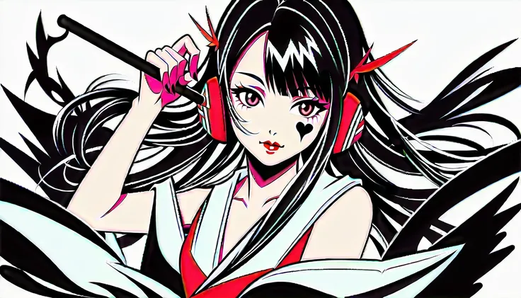 (((Ink Painting))), Fashion portrait color photos, (((1 girl))), (((Heart tattoo on face))), (((Gorgeous hair accessories))), Japanese style headphones, Hitting the drum with a stick, Japanese beautiful girl, Black Hair