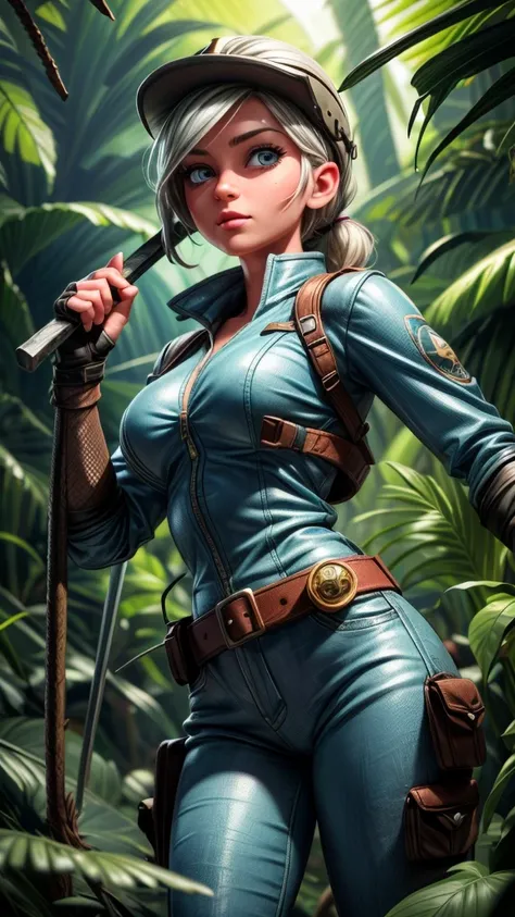 a beautiful young female explorer with silver hair and blue eyes, wearing a helmet and sunglasses, wielding a machete and exploring the jungle, dynamic pose, snake, venomous spider, (best quality,4k,8k,highres,masterpiece:1.2),ultra-detailed,(realistic,pho...