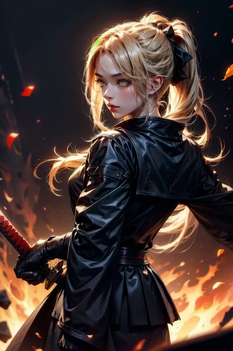 (absurdres, highres, ultra detailed), clean detailed anime art, 1woman, blond hair, long hair, pony tail, yellow eyes, white skin, samurai, blood on clothes, katana, sheath, katana on sheath, after battle, day, battlefield