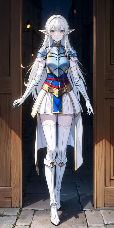 masterpiece, best quality, high quality, white SKIN elf, long hair, white hair, yellow eyes, full body, def_effie, blue breastplate, white skin, looking at viewer, shiny, armor, thigh highs, high boots, shoulder armor, faulds, poleyn, gloves, gauntlets