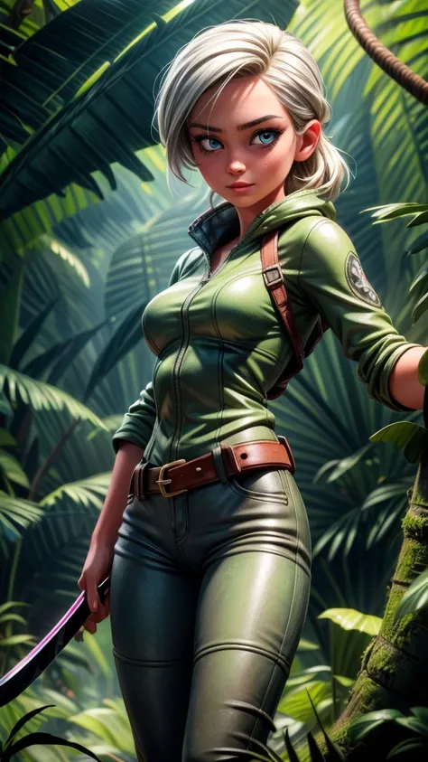 a beautiful young female explorer with silver hair and blue eyes, wearing a helmet and sunglasses, wielding a machete and exploring the jungle, dynamic pose, snake, venomous spider, (best quality,4k,8k,highres,masterpiece:1.2),ultra-detailed,(realistic,pho...