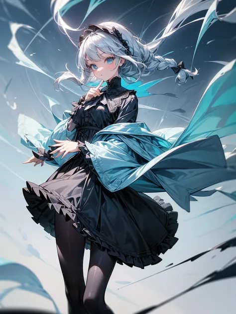 (kawai Quality figure),(((Top quality))),she has short white braided hair and sky blue eyes,her outfit is monochrome consisting of unbuttoned grey jacket, (Ghotic with long skirt),(Her outfit closely resembles a goth lolita aesthetic black), (blouse undern...