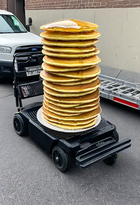 forklift carrying a stack of pancakes