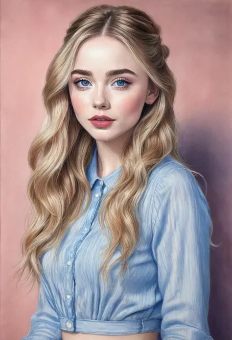 A colored pencil sketch of a beautiful swedish farm wife. crystal blue eyes. rosy complexion. full lips. Sabrina Carpenter. Sudectively dancing in a medow.