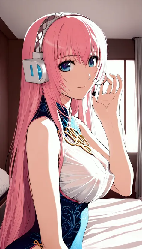 masterpiece,beautiful adult woman ,megurine luka,e cup breasts,pink long hair,blue eyes,headphone,chinese clothing,smile,bedroom...