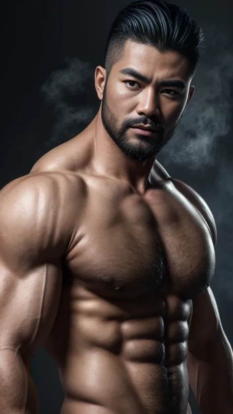 (ultra-realistic, highres ,best quality, masterpiece:1.2), portrait waist up view, Chinese man with blue mists surrounding him, detailed facial features, detailed eyes, long eyelashes, thin lips, scruff, muscular physique, wide shoulders, hairy chest, stro...