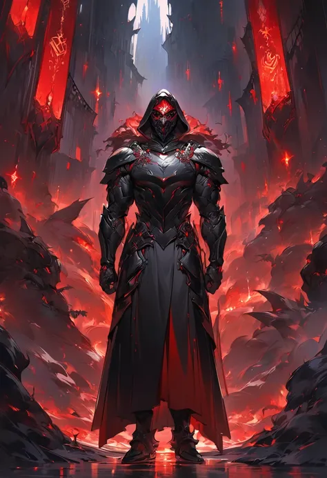 A brooding, formidable male figure stands tall in the shadows, clad in sleek black armor adorned with a hood and an full-face-mask illuminated by crimson lights. Muscles tense with barely contained anger grip . This striking portrayal, likely a digital pai...