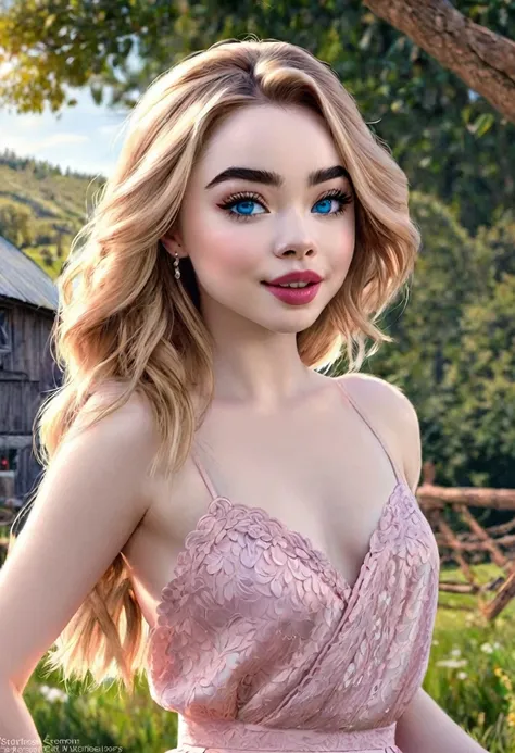 A colored pencil sketch of a beautiful swedish farm wife. crystal blue eyes. rosy complexion. full lips. Sabrina Carpenter. Sudectively dancing in a medow.