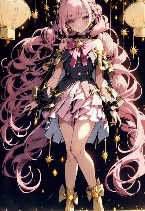 Create an anime-style girl with (((deep magenta eyes and long, wavy pink hair))) ((styled in an elegant frenchbraid)). (((She is slender, and  with small breasts))). ((Ensure a full-body shot of her)) wearing a (((magical girl-themed outfit.))) ((The outfi...