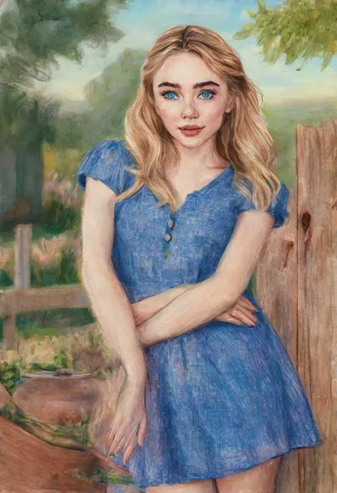 A colored pencil sketch of a beautiful swedish farm wife. crystal blue eyes. rosy complexion. full lips. Sabrina Carpenter. Sudectively dancing in a medow.