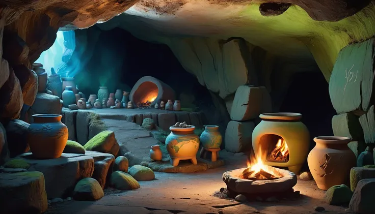 A stunning 3D scene，Empty space inside the cave，There are some strange little animals in the cave，There is a pile of burning firewood on the ground on the left.，There is a large clay pot on the firewood pile，The blue light is emitted from inside the potter...