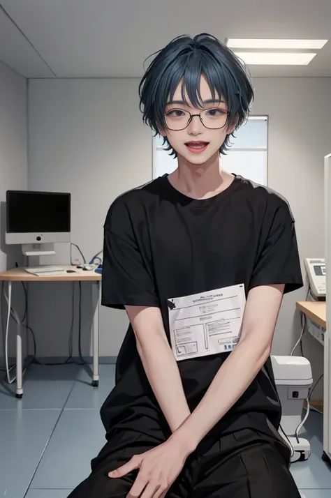 1 boy, age 5-6 years ,Solo, sitting (Looking at the audience), (black shirt:1.5), long skirt ,Stylish clothes Childish man wearing glasses /(blue hair/) Worried face, open mouth (The best quality masterpiece:1.2) , Delicate illustrations, Special details, ...