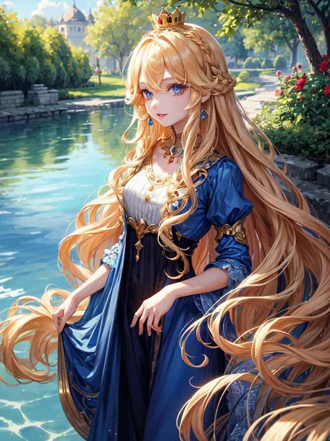 one girl, long hair, Looking at the viewer, unique, Golden hair, Hair accessories, High accuracy, Anatomy is correct, precise, Get prizes multiple times, details, Shiny hair, curly hair, Blue eyes, Slight smile, red lips, Wide eyes, Long eyelashes, rear vi...