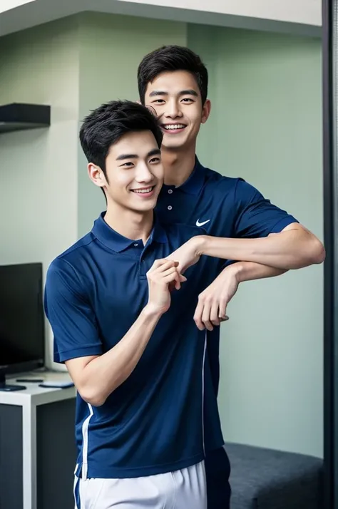 Korean man, Inspiration from Peng Yuyan, 23 years old, Korean muscular man ，The computer room is in the back. Sports t-shirts, polo, tight, navy blue., open mouth smile