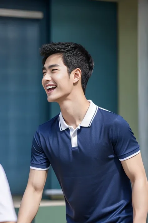 Korean man, Inspiration from Peng Yuyan, 23 years old, Korean muscular man ，The computer room is in the back. Sports t-shirts, polo, tight, navy blue., open mouth smile