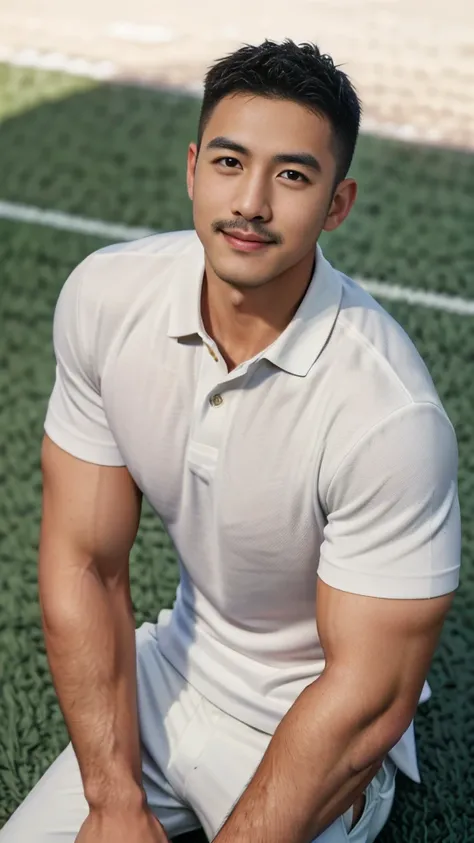 Masterpiece, best quality, high resolution, realistic, handsome, Take beautiful photos, A photo of a 35-year-old Gym Association member sitting on the floor. (The man has a thin mustache.) ,Full body, Portrait, standing on the football field, make military...