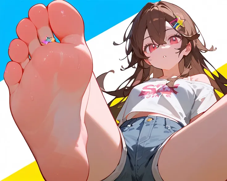 A woman showing her stinky feet low angle，barefoot，Sole，Foot Focus，Pink off-the-shoulder T-shirt，Bangs between the eyes，Long hair，Brown hair，Denim shorts，Anatomically correct, There is a huge yellow five-pointed star hairpin in the hair，pink eyes，There is ...