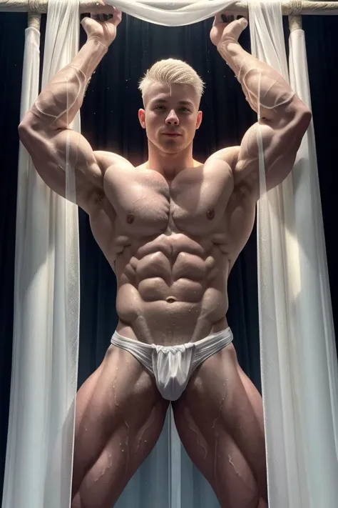 1male white people,((muscular))，((being muscular))，Muscular, Palatial palace，cage,strappy,White rope,White cloth curtains,(Detail light),Tattooed with，Transparent tulle，white albino skin，oily wet skin，Full nudity on the back，Lateral face，Falling white peta...