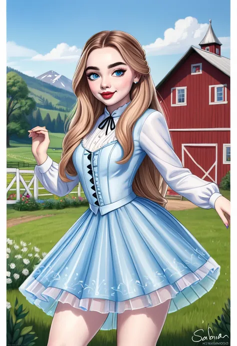 A colored pencil sketch of a beautiful swedish farm wife. crystal blue eyes. rosy complexion. full lips. Sabrina Carpenter. Sudectively dancing in a medow.