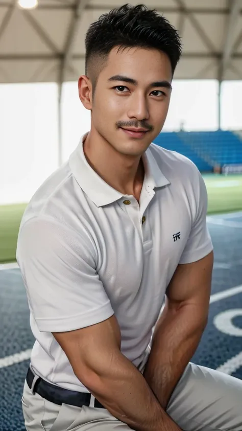 Masterpiece, best quality, high resolution, realistic, handsome, Take beautiful photos, A photo of a 35-year-old Gym Association member sitting on the floor. (The man has a thin mustache.) ,Full body, Portrait, standing on the football field, make military...