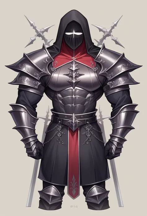 A brooding, formidable male figure stands tall in the shadows, clad in sleek black armor adorned with a hood and an full-face-mask illuminated by crimson lights. Muscles tense with barely contained anger grip . This striking portrayal, likely a digital pai...