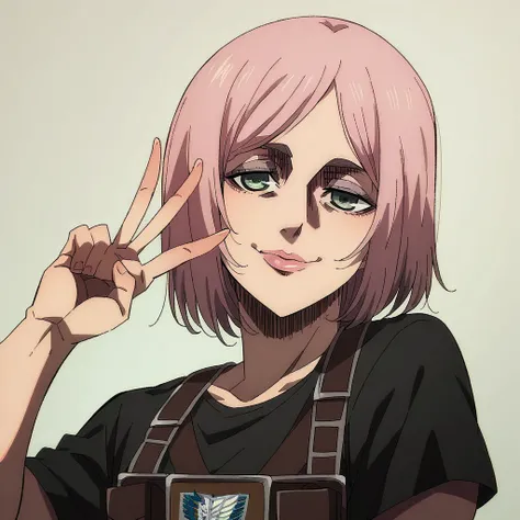 there is a woman making a peace sign with her fingers,singeki_no_kyojin_s4_style,portrait, solo,black t-shirt, eyeliner, pink lips, ammo pouch, smile, Chestnut hair 