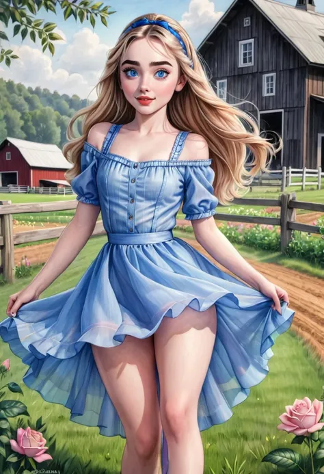 a colored pencil sketch of a beautiful swedish farm wife. crystal blue eyes. rosy complexion. full lips. sabrina carpenter. sude...