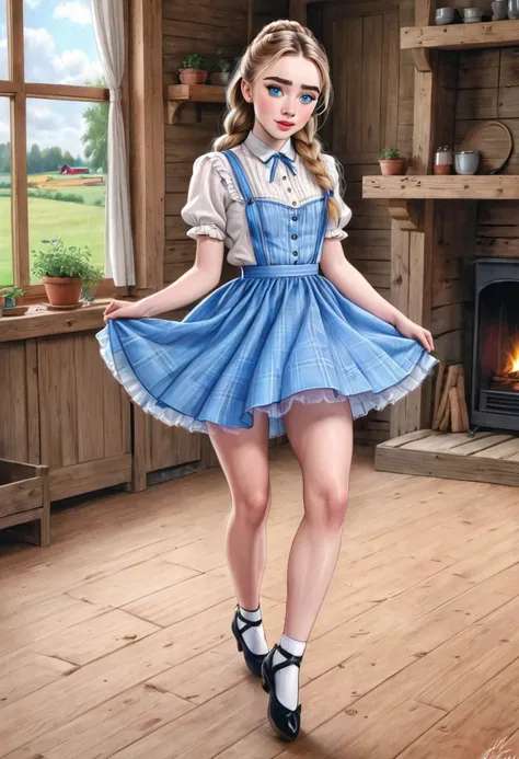 A colored pencil sketch of a beautiful swedish farm wife. crystal blue eyes. rosy complexion. full lips. Sabrina Carpenter. Sudectively dancing in a medow.