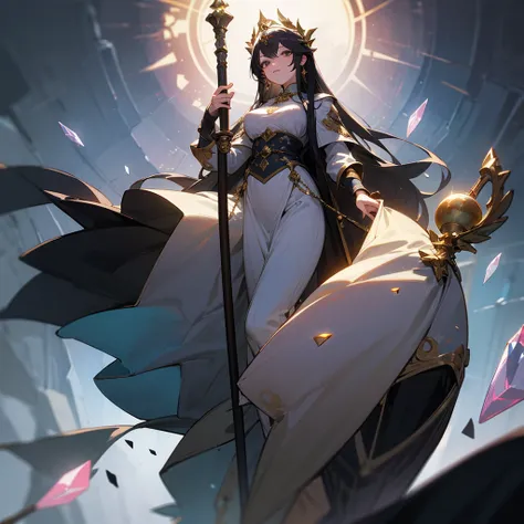 high resolution、Elegant、Neat、Long haired goddess。
Wearing a light dress。Goddess of Light。Holds a large staff with a crystal。like medieval europe、beautiful、Fantasy。Elegant、Adult wo luxurious atmosphere