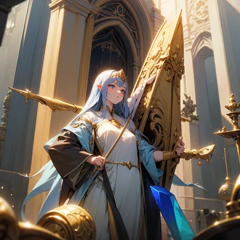 high resolution、Elegant、Neat、Long haired goddess。
Wearing a light dress。Goddess of Light。Holds a large staff with a crystal。like medieval europe、beautiful、Fantasy。Elegant、Adult wo luxurious atmosphere