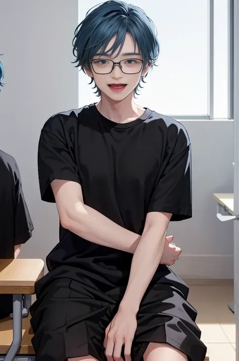 1 boy, age 5-6 years ,Solo, sitting (Looking at the audience), (black shirt:1.5), long skirt ,Stylish clothes Childish man wearing glasses /(blue hair/) Worried face, open mouth (The best quality masterpiece:1.2) , Delicate illustrations, Special details, ...