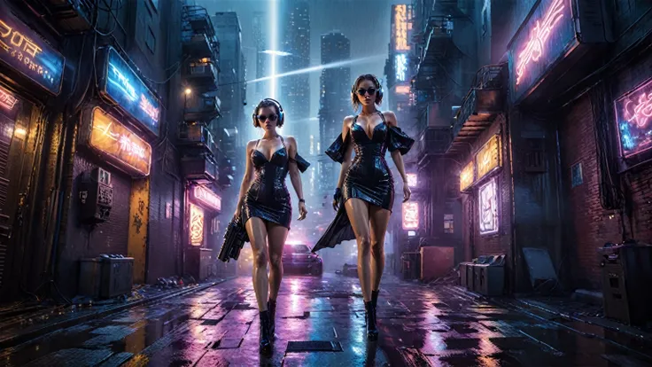 (((aerial view))), (flying cars docking platform), Blade Runner style futuristic city alley, neon lights, rainy night. (1girl, solo, alone), large-breast:1.2 slim body, cleavage:1.1, sexy wind blowing wet dress:1.4, headphone, (black sunglasses), (((she ra...