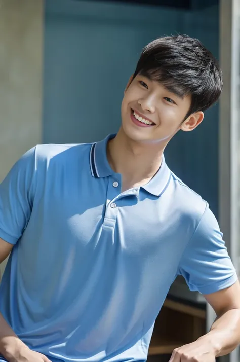 Korean man, Inspiration from Peng Yuyan, 23 years old, Korean muscular man ，The computer room is in the back. Sports t-shirts, polo, tight, navy blue., open mouth smile