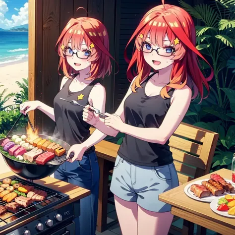 itsukinakano, Itsuki Nakano, bangs, blue eyes, Hair between the eyes, Ahoge, Redhead, star (symbol), hair ornaments, star hair ornaments,Baseball hats,Black-rimmed glasses,happy smile, smile, Open your mouth,Red Tank Top,Belly button,Shorts,barefoot,Sweat,...