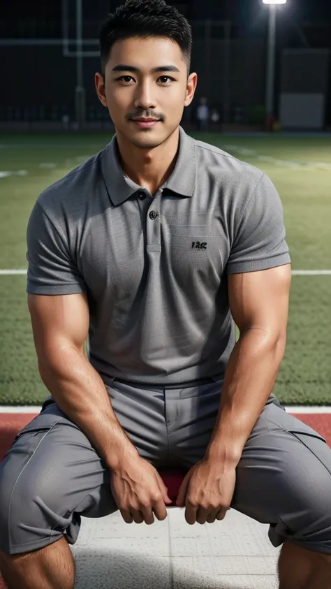 Masterpiece, best quality, high resolution, realistic, handsome, Take beautiful photos, A photo of a 35-year-old Gym Association member sitting on the floor. (The man has a thin mustache.) ,Full body, Portrait, standing on the football field, make military...