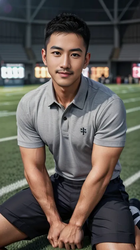 Masterpiece, best quality, high resolution, realistic, handsome, Take beautiful photos, A photo of a 35-year-old Gym Association member sitting on the floor. (The man has a thin mustache.) ,Full body, Portrait, standing on the football field, make military...