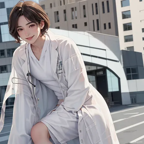 Doctor, 1 man, solo, sitting (Looking at the audience), (white lab coat:1.8), ,Stylish clothes who is an adult /(brown hair/) smile kindly (The best quality masterpiece:1.2) , Delicate illustrations, Special details, ( In front of the hospital