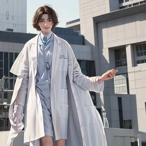 Doctor, 1 man, solo, sitting (Looking at the audience), (white lab coat:1.8), ,Stylish clothes who is an adult /(brown hair/) smile kindly (The best quality masterpiece:1.2) , Delicate illustrations, Special details, ( In front of the hospital