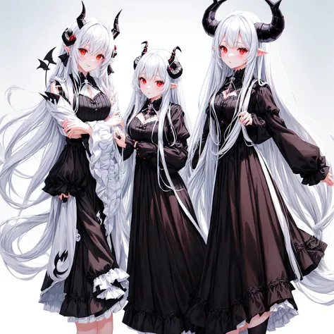 three anime girls in black and white outfits with horns, black horns, demon anime girl, with horns, white horns queen demon, cute horns, demon white horns, demon horns, with black horns instead of ears, devils, pixiv 3dcg, pixiv style, long horns, demon gi...