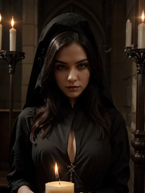 Beautiful gothic vampire, beautiful face. with sexy tunic. detail.  convent.  Candles everywhere. chandeliers.  Cathedral glass windows. Dim candle lighting. Gothic style. 1:1 hyperrealistic,  cinematic,  4k 8k