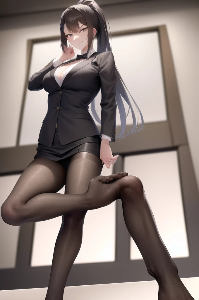 masterpiece, best quality, highres, 1girl, chabashira sae, high ponytail, suit, jacket, cleavage (photorealistic:1.2),((boy shot,lift ones legs,toes,both feet)),evil smile, ((양말)),