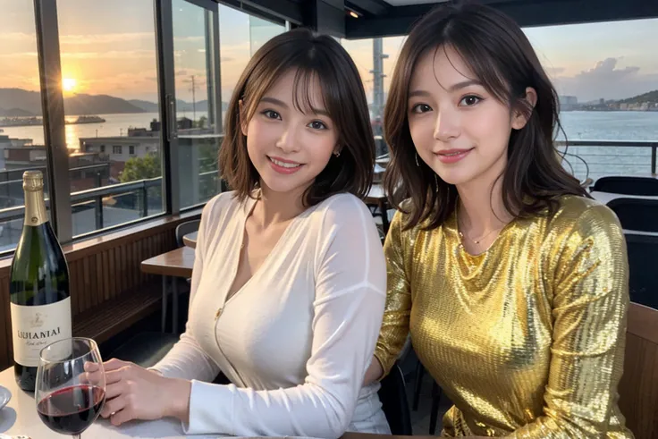 （Realistic:1.1）,(masterpiece,Highest quality)，8k,(40 years old), 42 years old, slimカップル、Model Couple、actress/actor、Tight waist,Upper Body,full-course dinner、wine 、Amazing view of the sunset sky and clouds、Perfect Anatomy, Brown Hair, short hair,Random Hair...