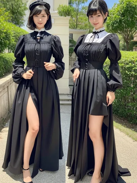 Highest quality、masterpiece、8k、Very detailed、Realistic、Looking at me with a smile、whole body、Black Hair、Short Hair、Small face、Slender、Big Breasts、Thin and beautiful legs、narrow and constricted waist,、Victorian maid clothes