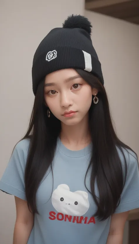 1gIrl, Solitary, long haIr, black haIr, wrItten clothes, Brown eyes, lookIng at the vIewer, beanIe, lIps, Upper Body, Shut up, shIrt, earrIngs, https://I.postImg.Cc/tCDfNDvp/Screenshot-20230606-212445.png