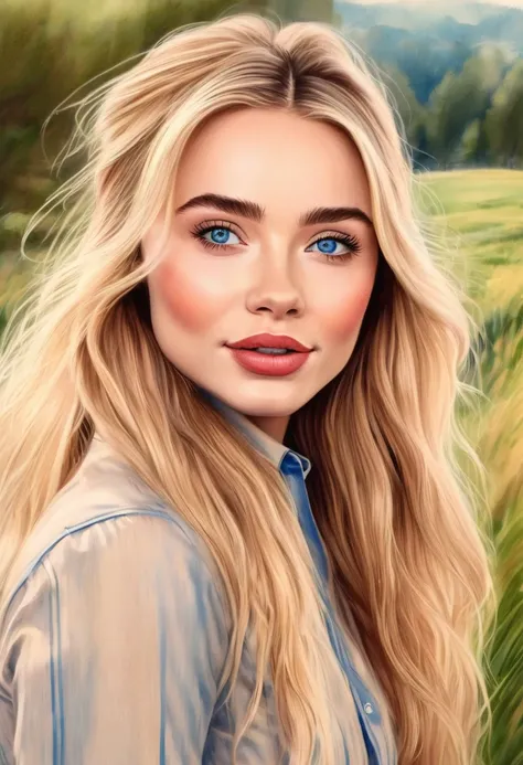 A colored pencil sketch of a beautiful swedish farm wife. crystal blue eyes. rosy complexion. full lips. Sabrina Carpenter. Sudectively dancing in a medow.