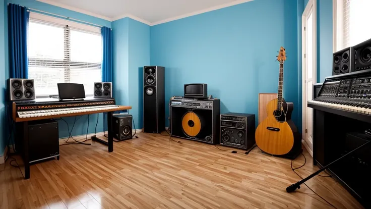 Music studio for recording. There is a blue electric guitar in the studio, Bass guitar, synthesizer, pipidastr, microphones and microphone stand and drums. There is also a window in the wall and a heater near the window. There is a sofa.