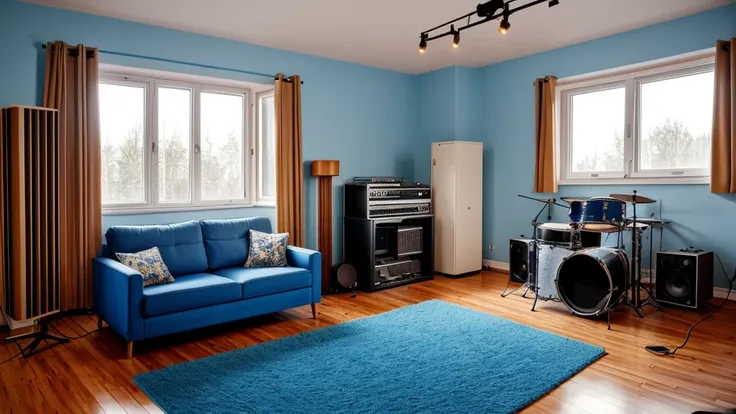 Music studio for recording. There is a blue electric guitar in the studio, Bass guitar, synthesizer, pipidastr, microphones and microphone stand and drums. There is also a window in the wall and a heater near the window. There is a sofa.