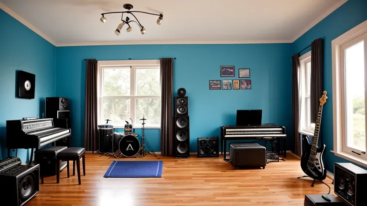 Music studio for recording. There is a blue electric guitar in the studio, Bass guitar, synthesizer, pipidastr, microphones and microphone stand and drums. There is also a window in the wall and a heater near the window. There is a sofa.